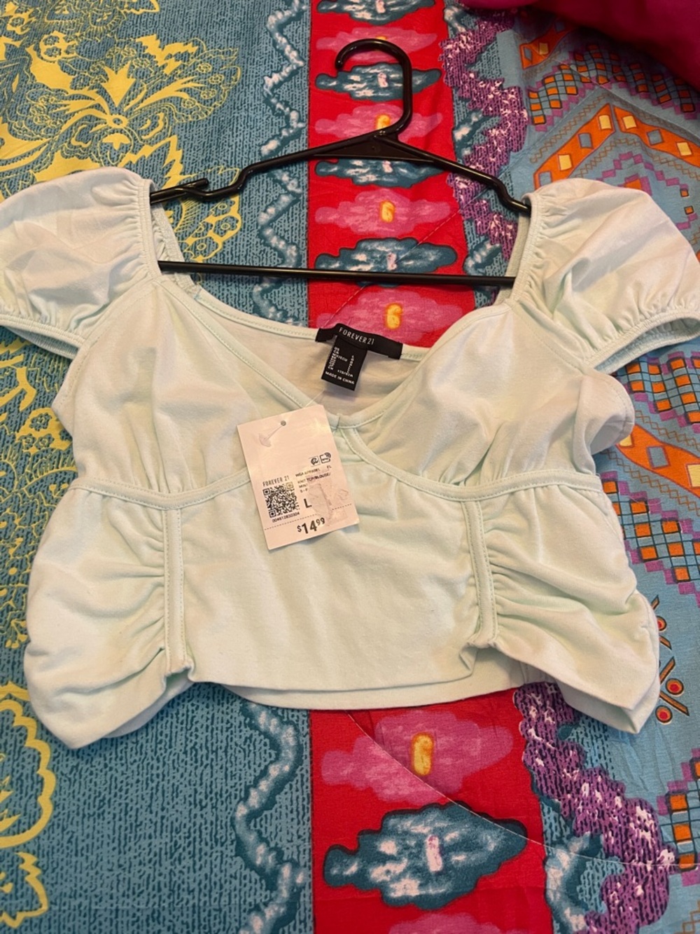 Forever 21 Mint Green Puff-Sleeve Crop Top